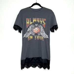 AWAKE Always on Tour Lace Hem tunic length gray graphic print band tee size S